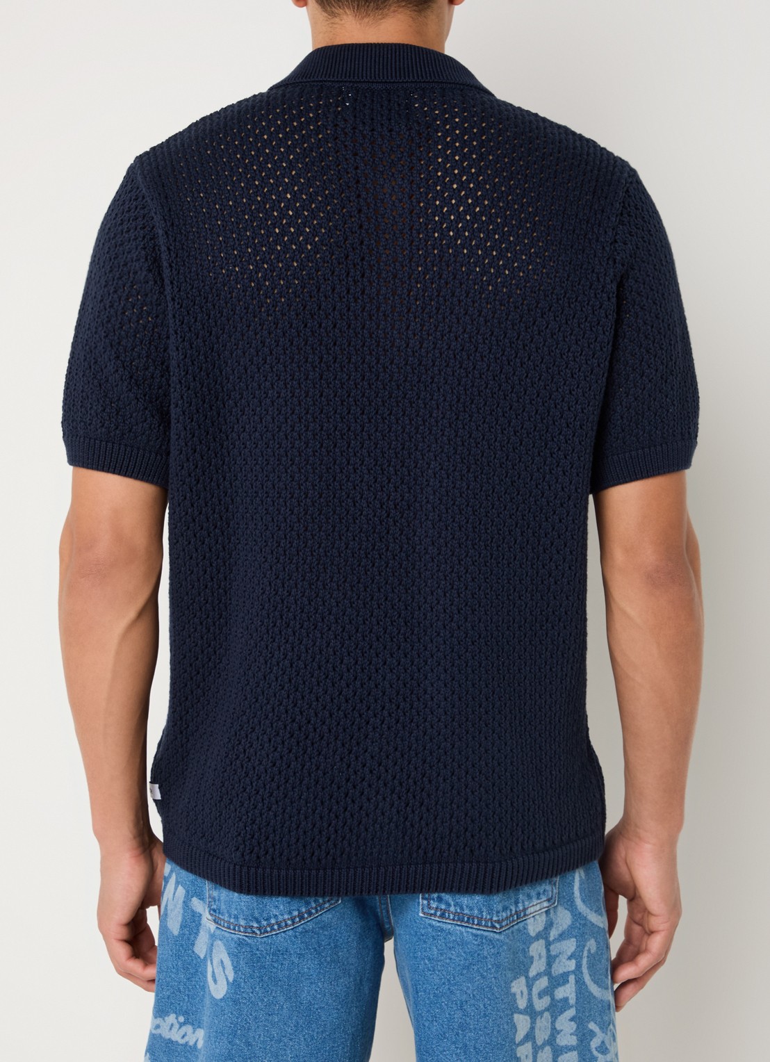 Arte Antwerp Grogebreid regular fit overhemd met opengewerkt dessin - achterkant donkerblauw