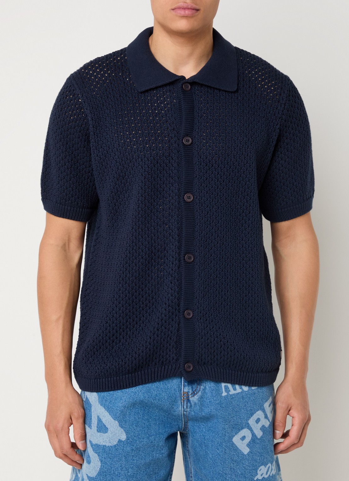 Arte Antwerp Grogebreid regular fit overhemd met opengewerkt dessin - detail 4 donkerblauw