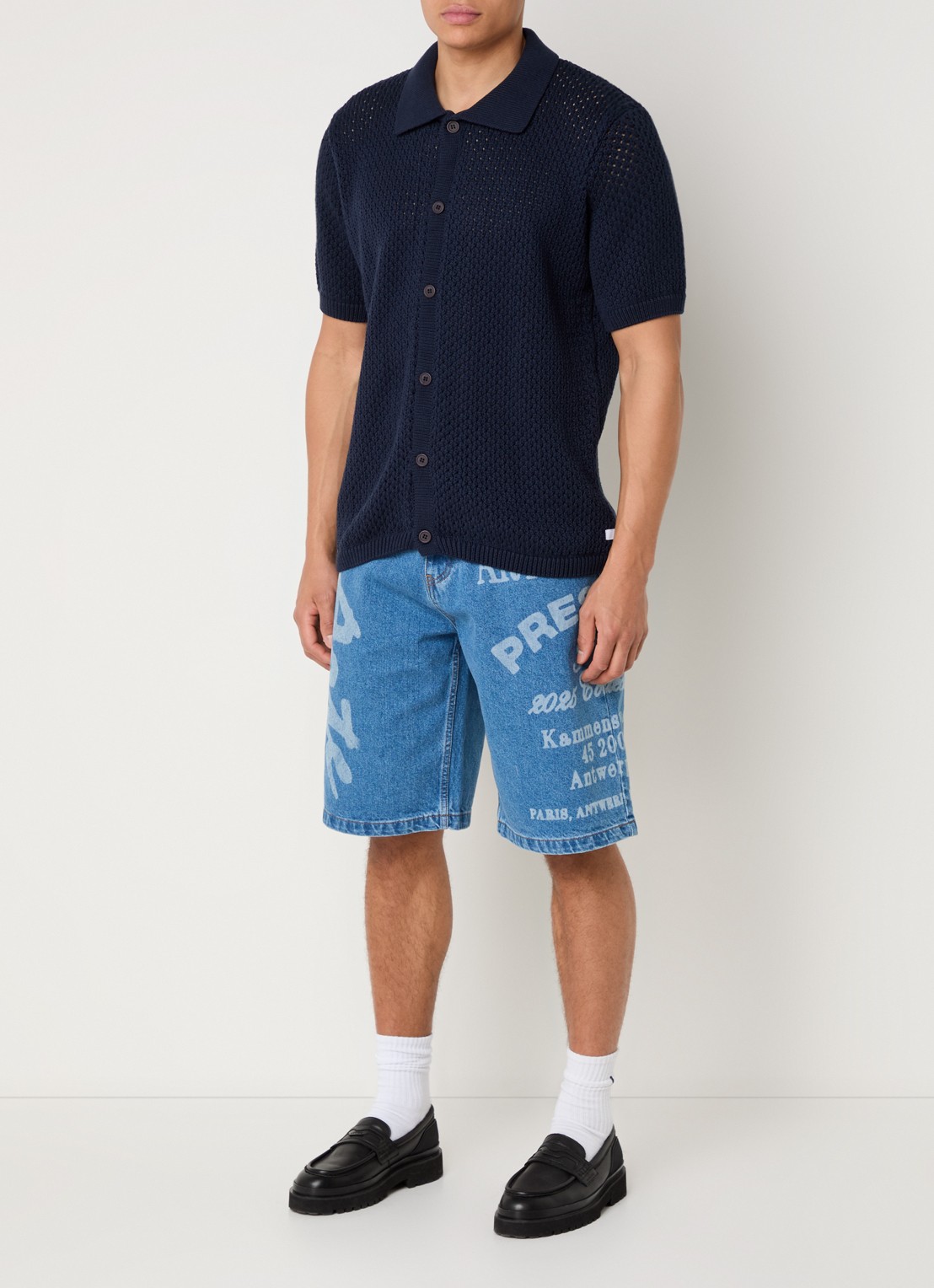 Arte Antwerp Grogebreid regular fit overhemd met opengewerkt dessin - voorkant 3 donkerblauw
