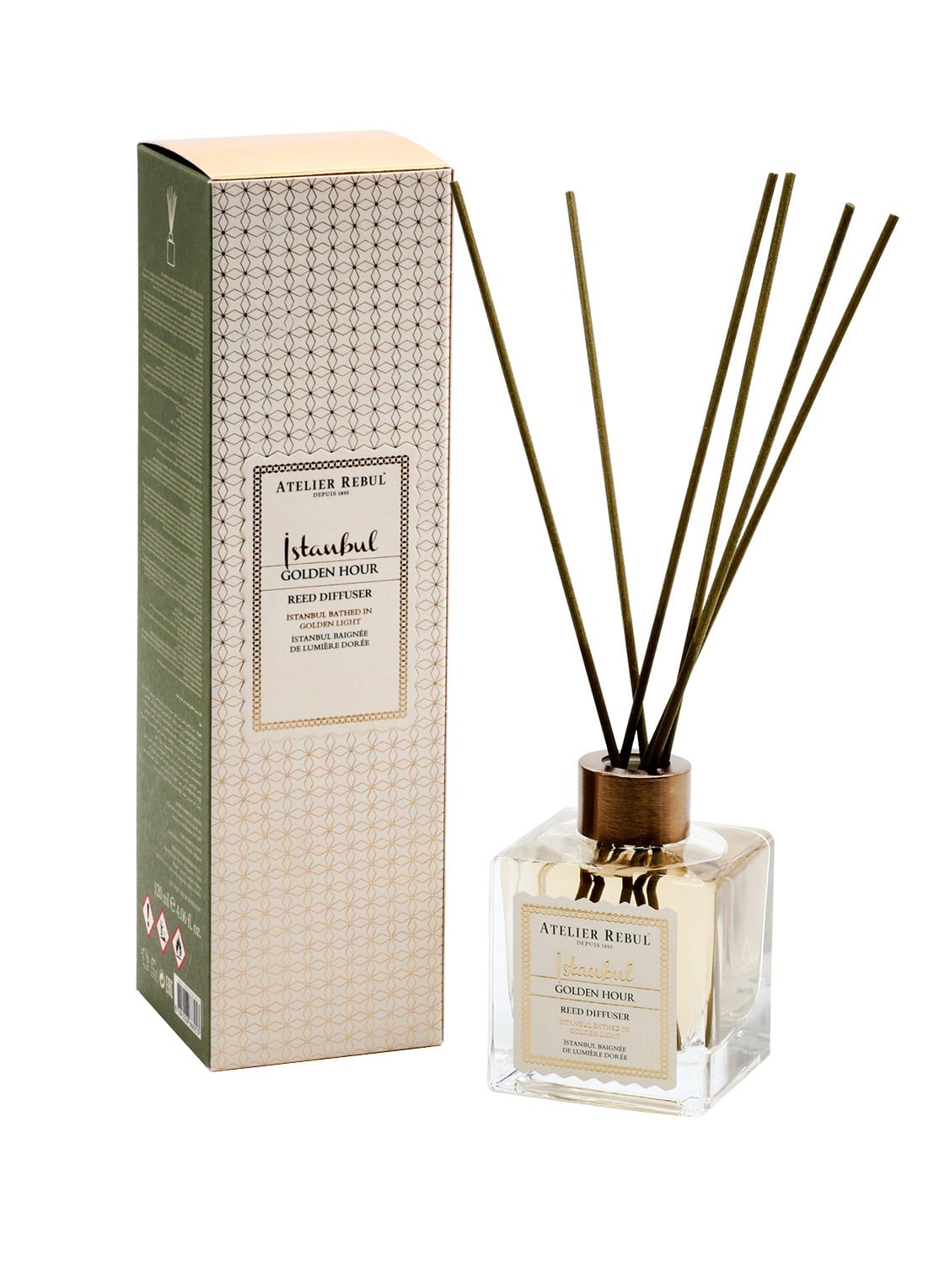 Atelier Rebul Istanbul Golden Hour geurstokjes 120 ml - voorkant 3 vanillegeel