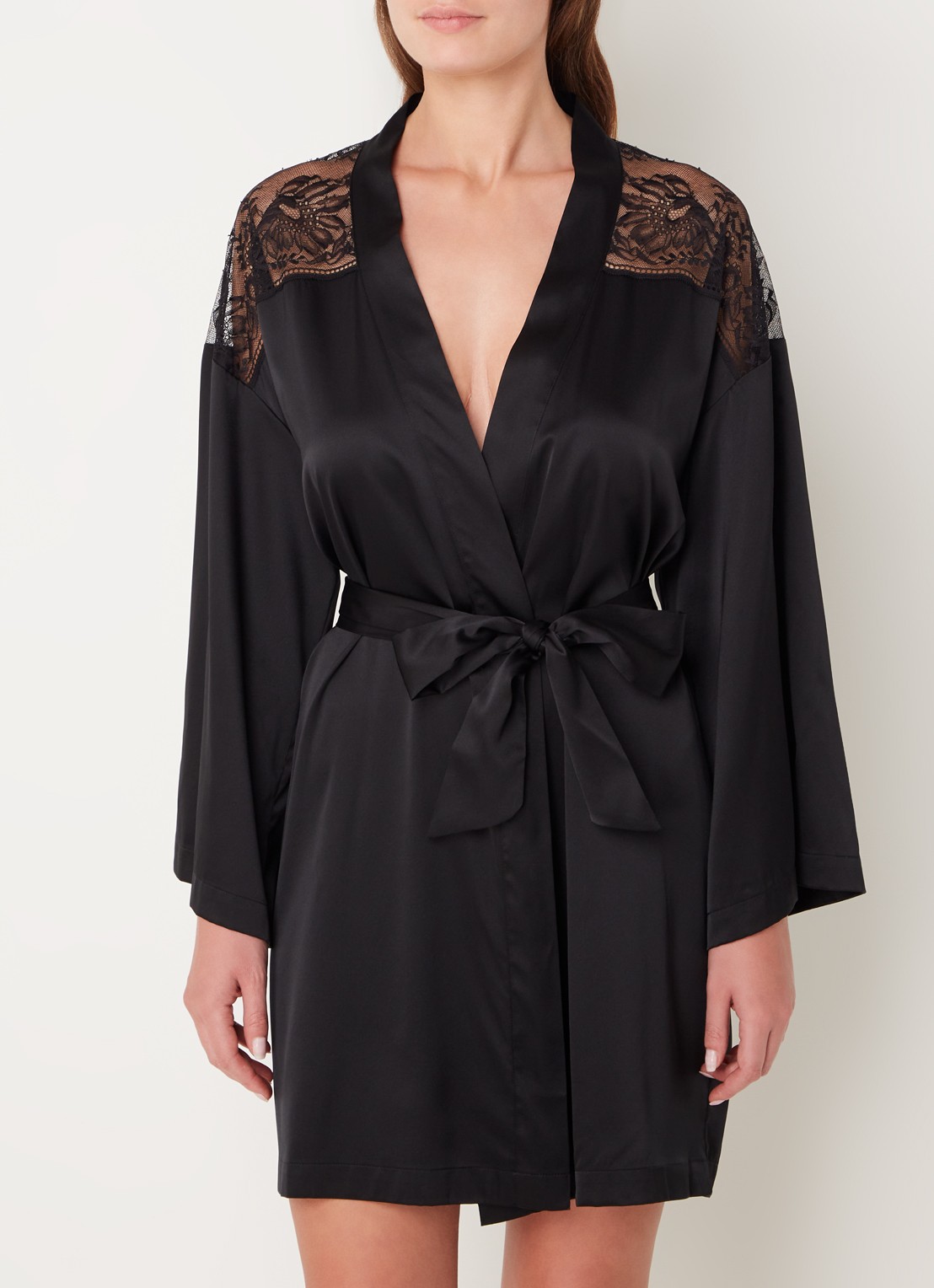Aubade Midnight Whisper kimono in zijdeblend met kant - detail 3 zwart