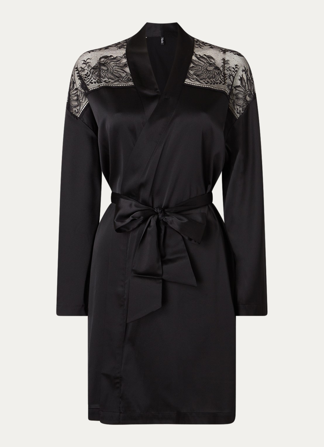 Aubade Midnight Whisper kimono in zijdeblend met kant - voorkant zwart