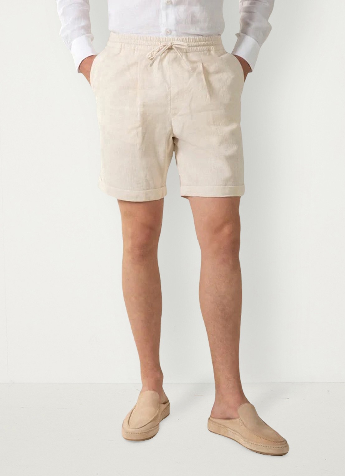 Aurélien Straight fit korte broek van linnen met steekzakken - detail beige-260