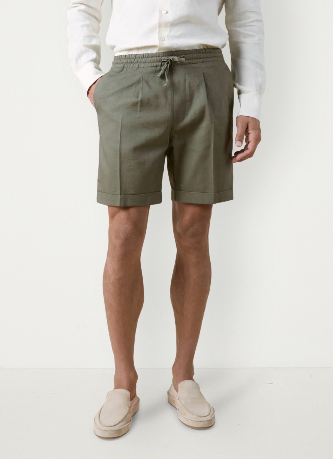 Aurélien Straight fit korte broek van linnen met steekzakken - detail olijfgroen