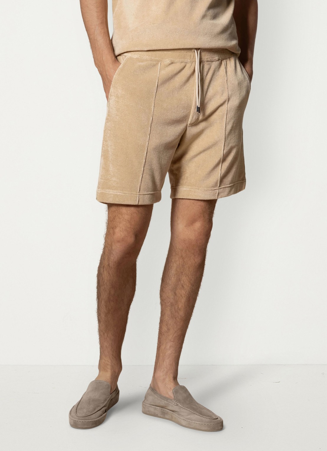 Aurélien Terry straight fit korte broek van badstof - detail beige-260