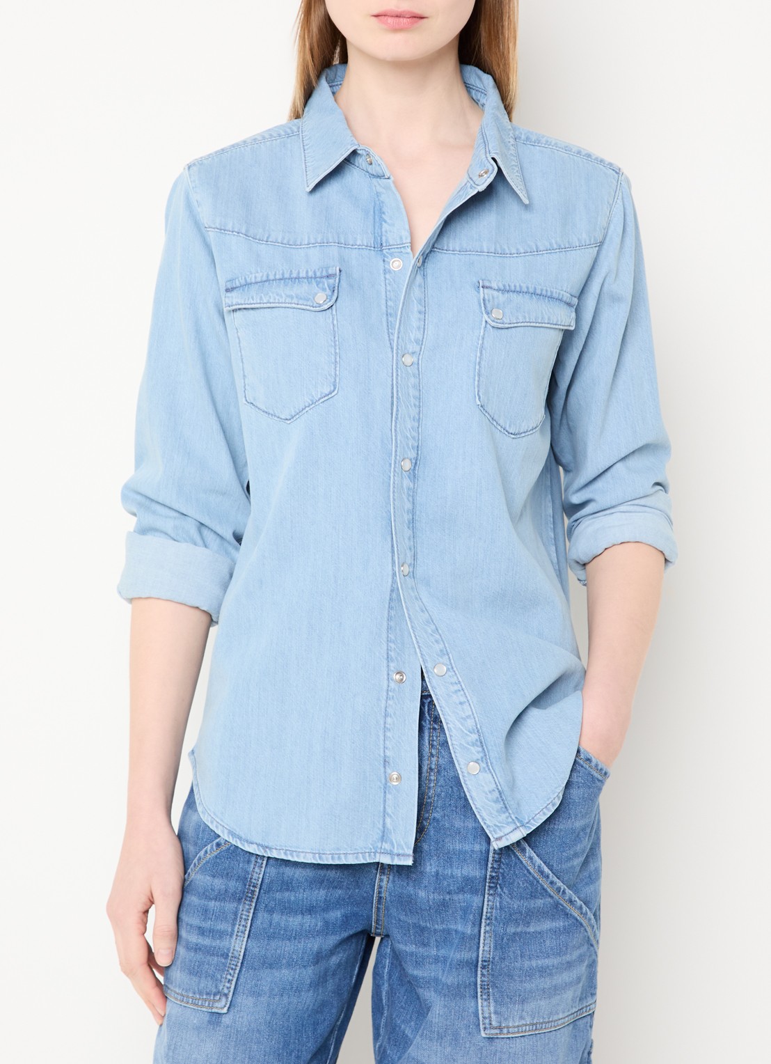 ba&sh Adali blouse van denim  - detail 4 lichtblauw