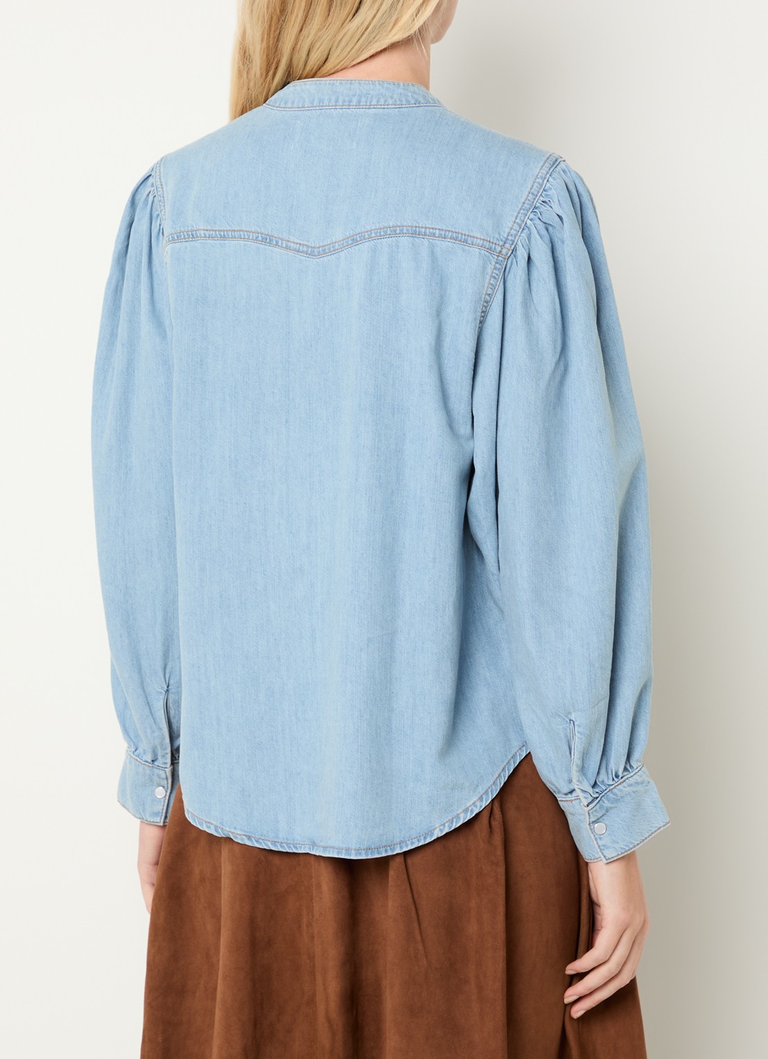 ba&sh Alino blouse van chambray met pofmouw - achterkant 4 indigo