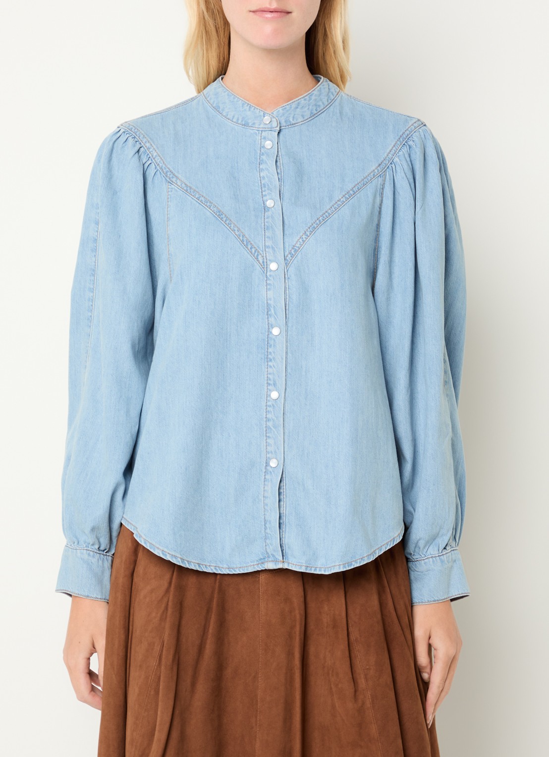 ba&sh Alino blouse van chambray met pofmouw - detail 3 indigo