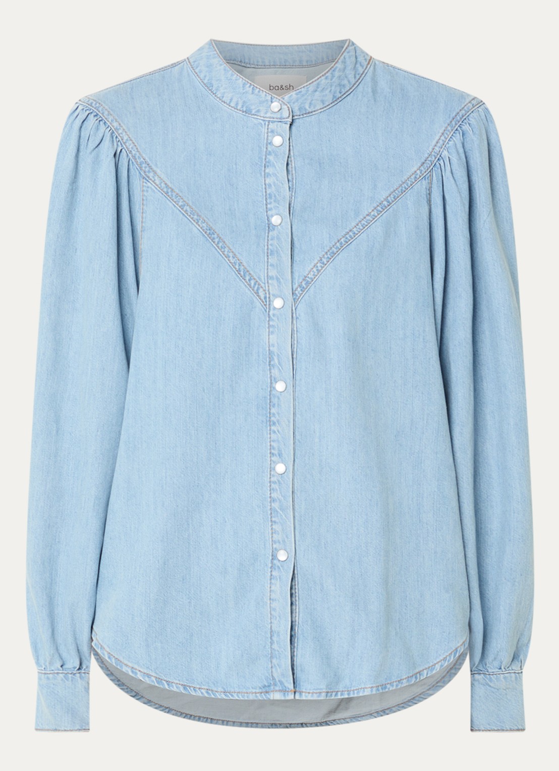 ba&sh Alino blouse van chambray met pofmouw - voorkant indigo