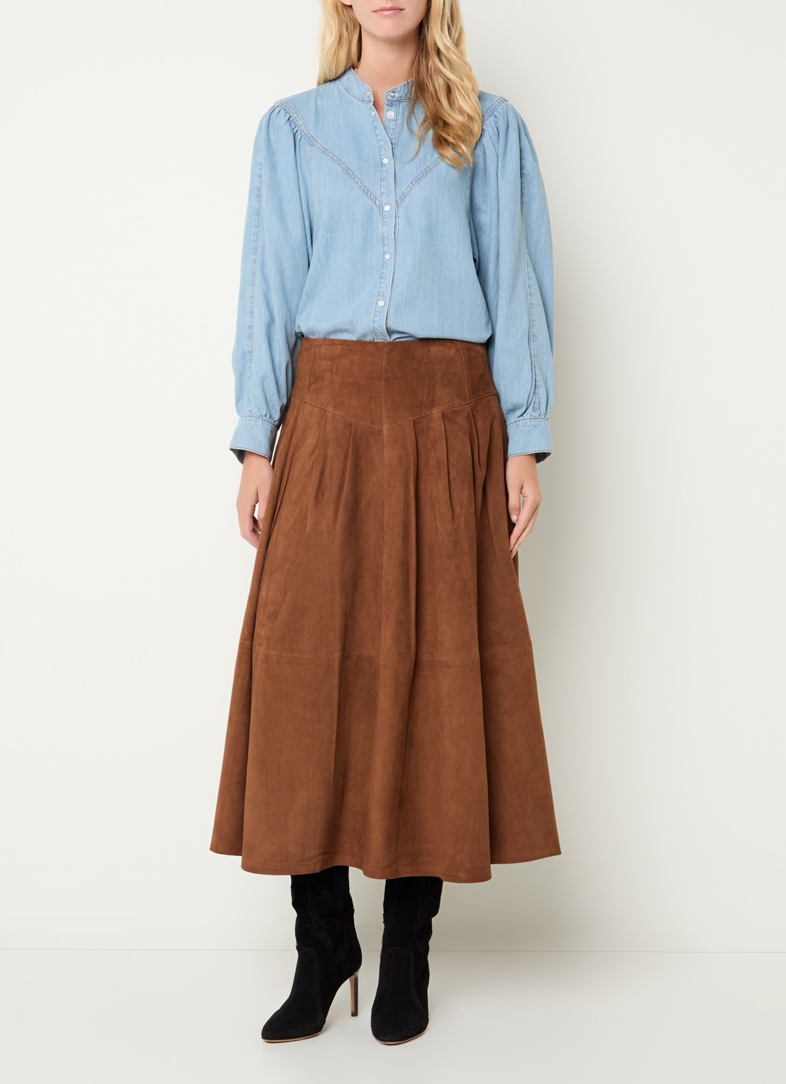 ba&sh Alino blouse van chambray met pofmouw - voorkant 2 indigo