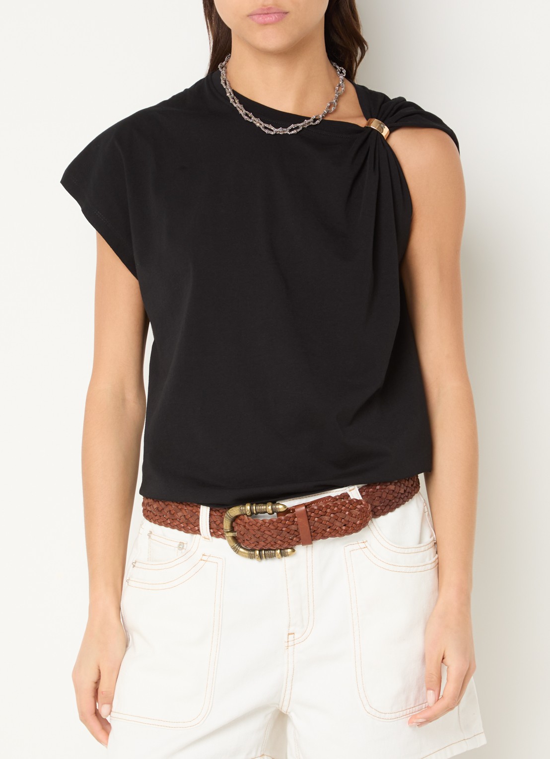 ba&sh Allia T-shirt met asymmetrische hals - detail 3 zwart