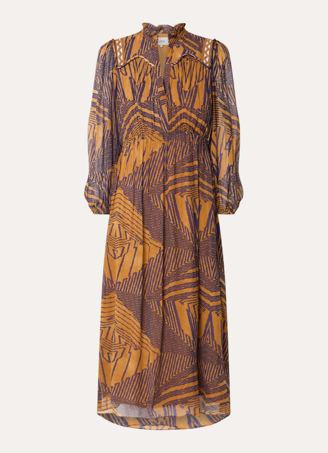 ba&sh Antal midi tuniek jurk met V-hals en print - voorkant 4 cognac