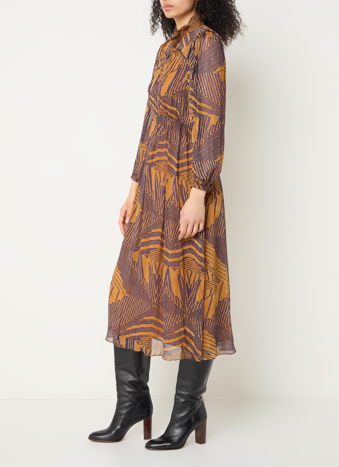 ba&sh Antal midi tuniek jurk met V-hals en print - voorkant 5 cognac