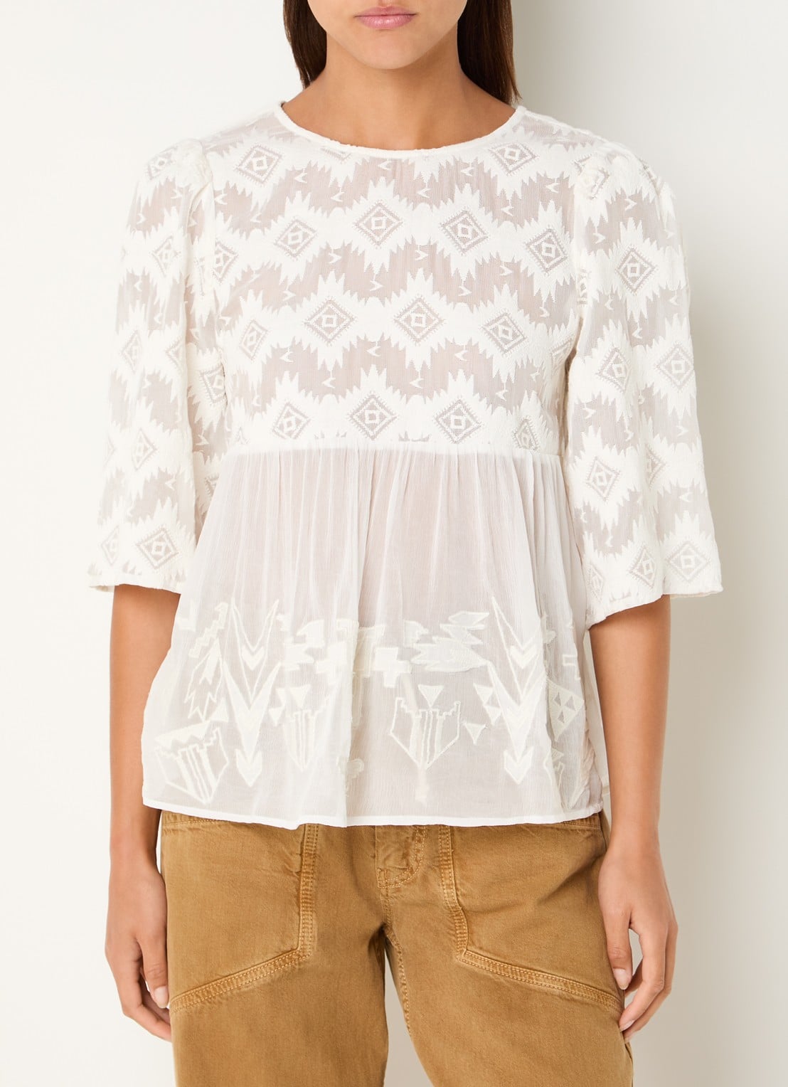 ba&sh Apollon blouse met borduring en pofmouw - detail 2 gebroken wit