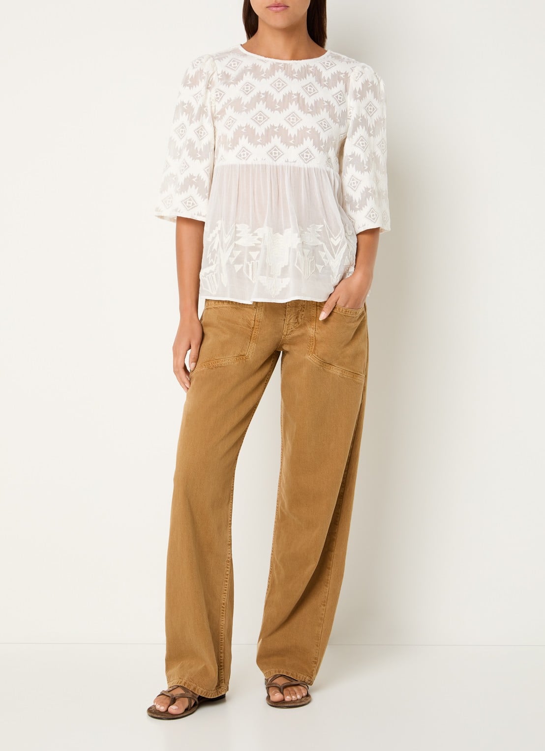 ba&sh Apollon blouse met borduring en pofmouw - voorkant 4 gebroken wit