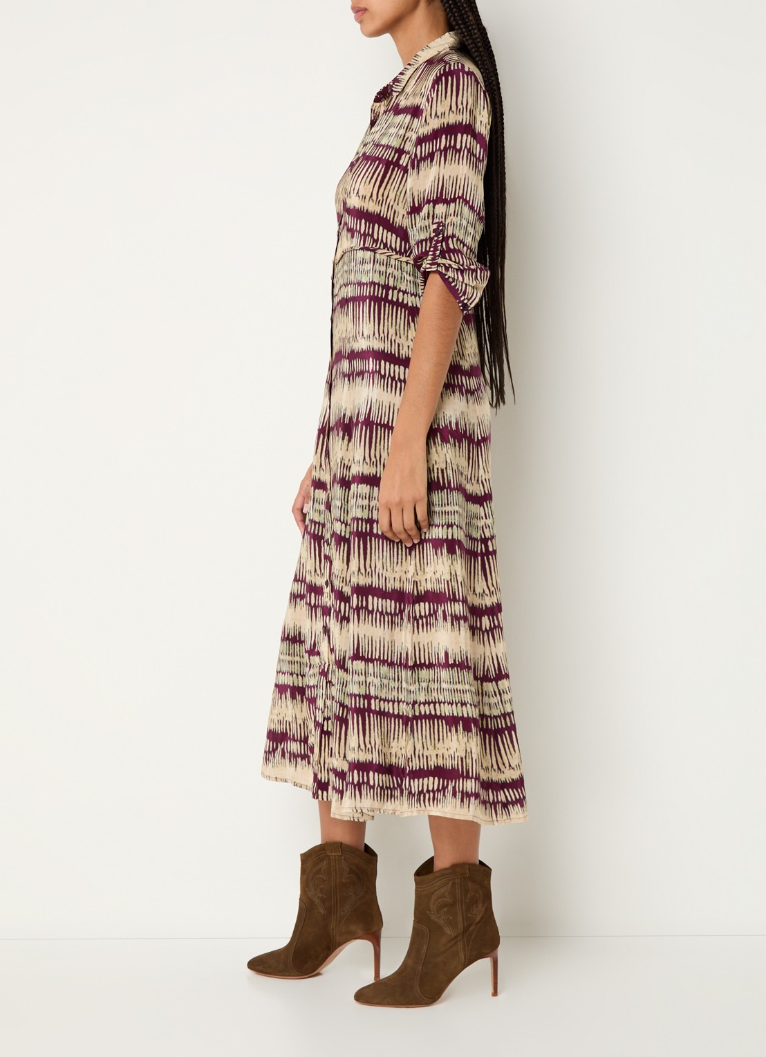 ba&sh Artemis midi blouse jurk met print - voorkant 2 aubergine