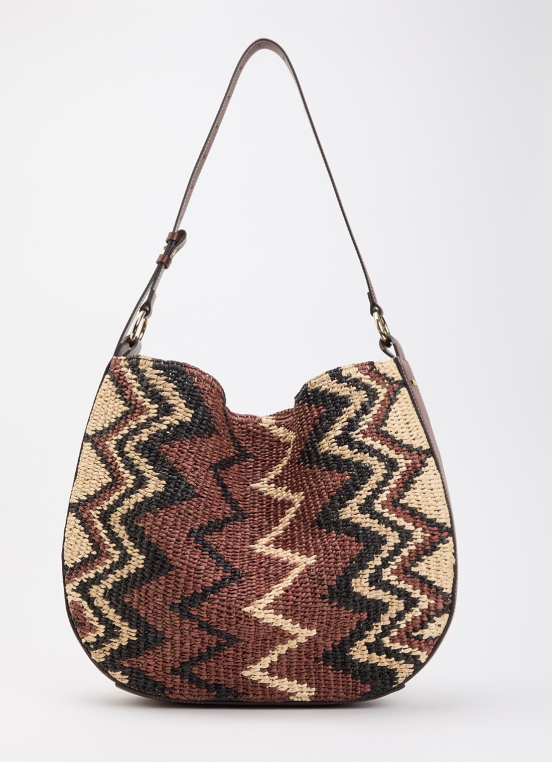 ba&sh Arya schoudertas van raffia met grafische print - voorkant 2 roodbruin