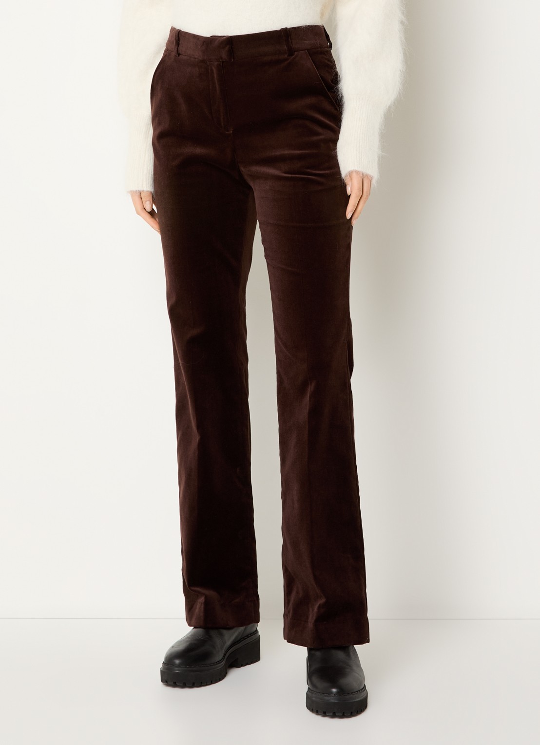 ba&sh Babilon mid waist straight fit pantalon van fluweel met steekzakken - detail 4 chocoladebruin