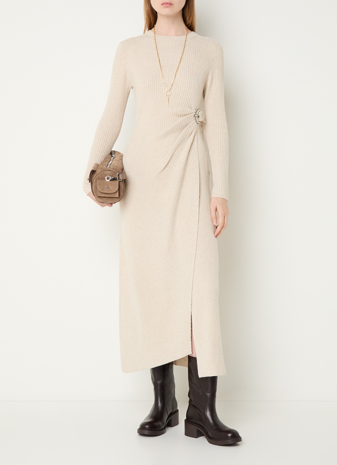 ba&sh Bamaya ribgebreide jurk in wolblend met ceintuur - detail 4 beige