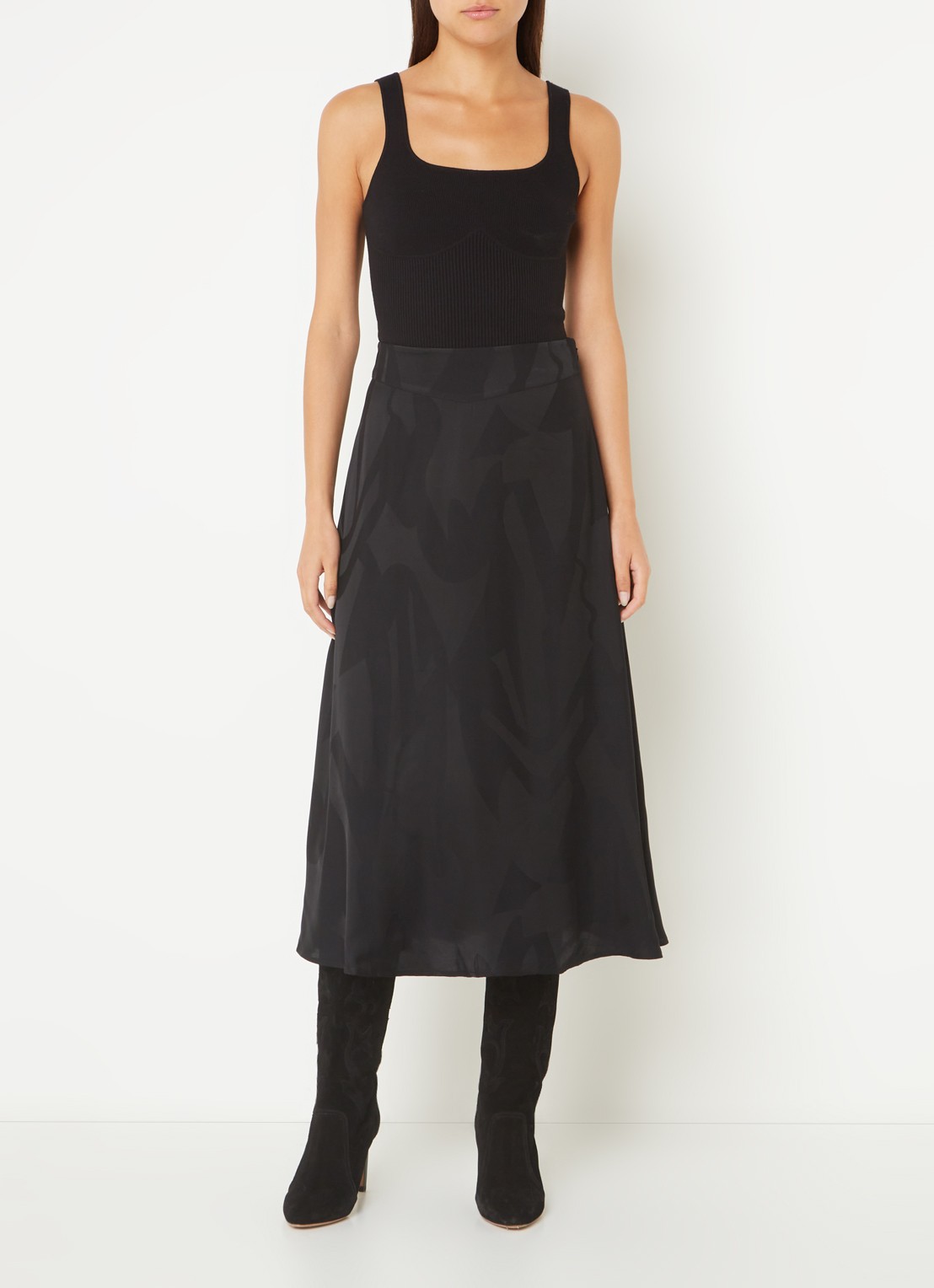 ba&sh Banessa midi rok van satijn met jacquard dessin - voorkant 4 zwart