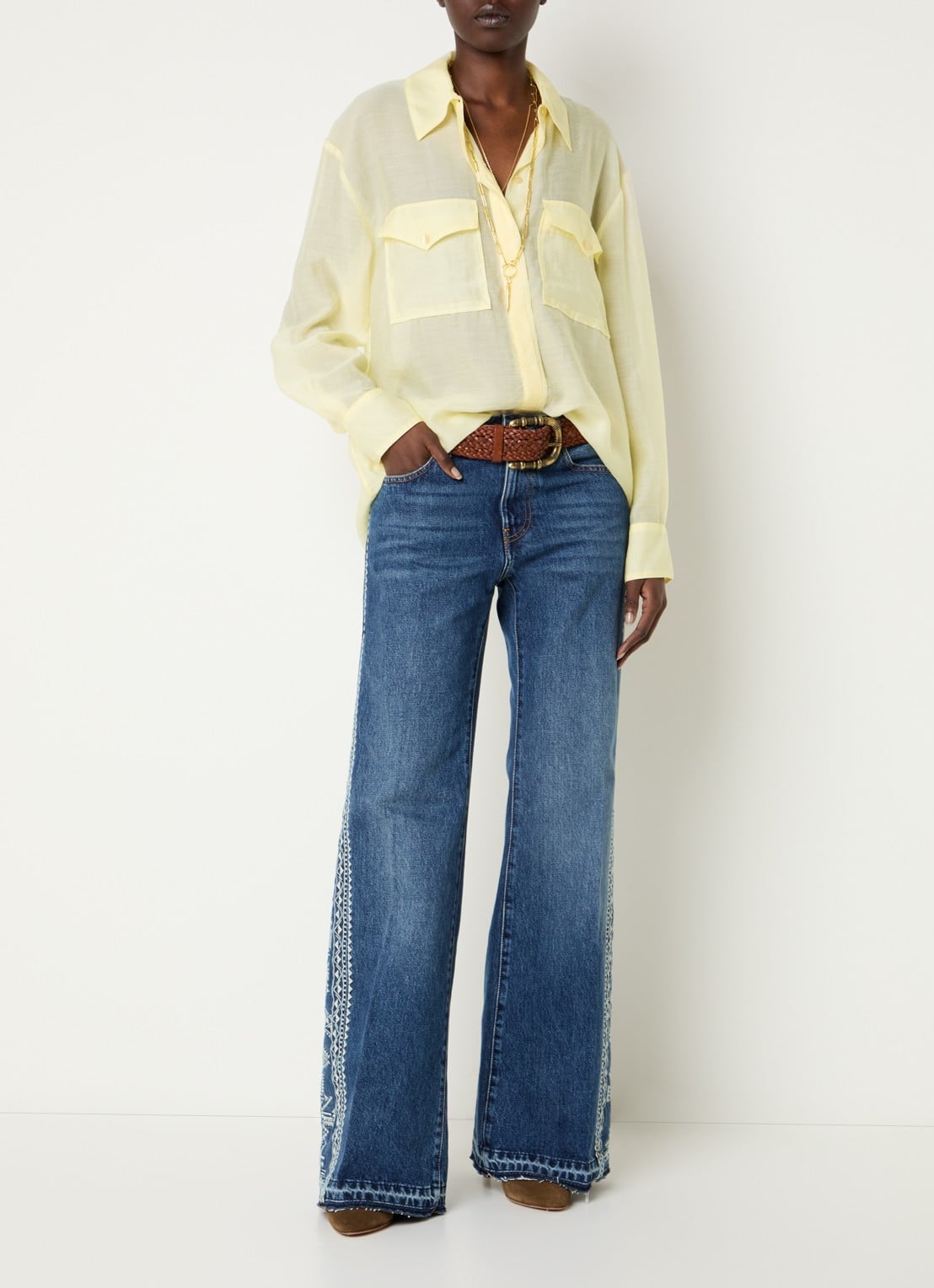 ba&sh Bao semi-transparante blouse met klepzakken - voorkant 4 lichtgeel