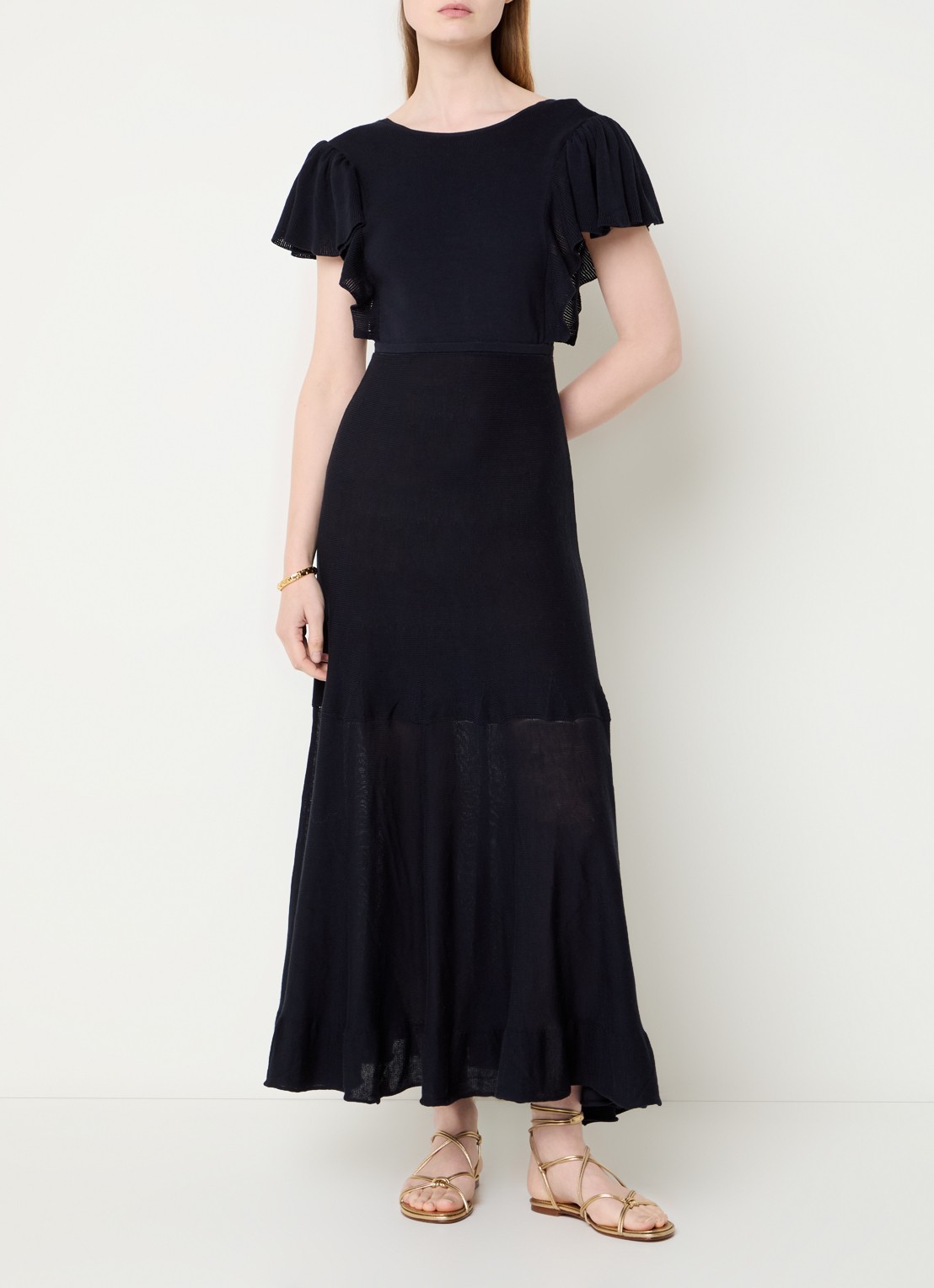 ba&sh Bautie fijngebreide maxi jurk met volant - detail 2 donkerblauw