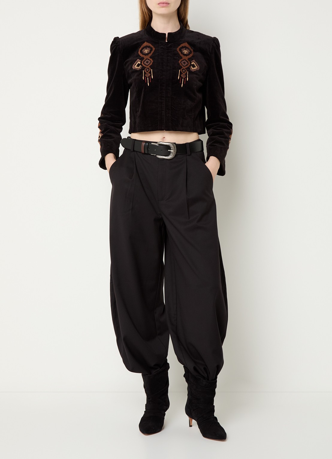 ba&sh Baya cropped jack van fluweel met borduring - voorkant 2 zwart