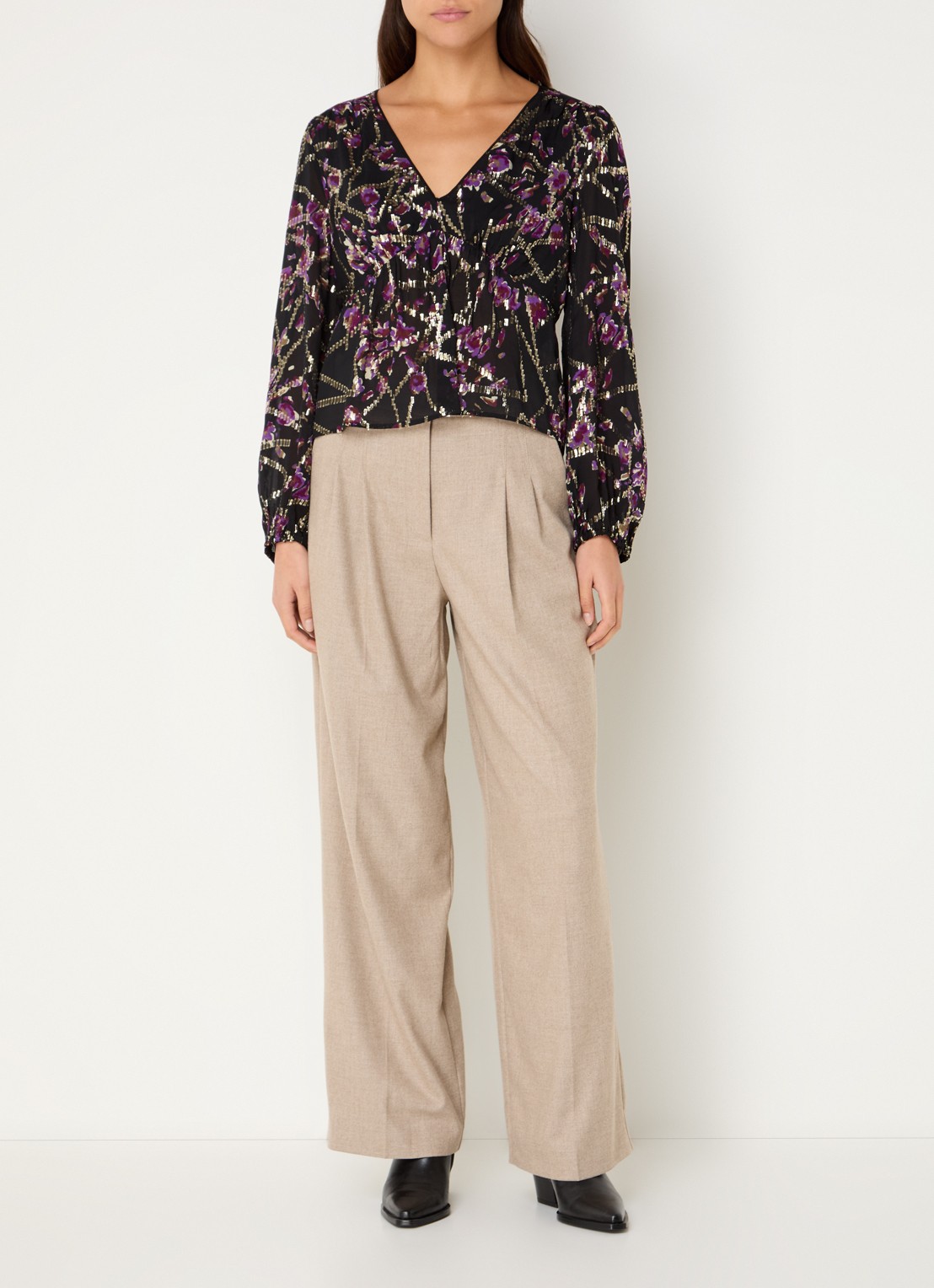 ba&sh Bedwin high waist wide fit pantalon met steekzakken - voorkant 4 beige