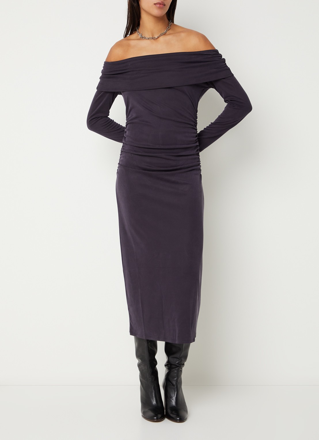 ba&sh Bettina ribgebreide off shoulder jurk  - detail 4 indigo