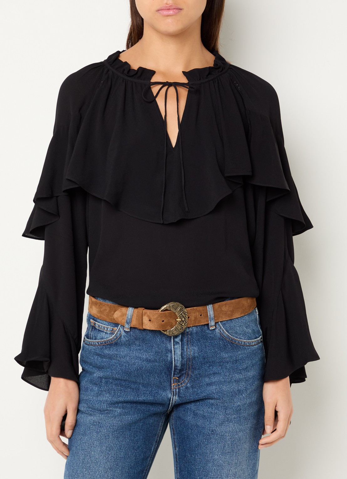 ba&sh  Betty semi-transparante tuniek met ruches en details van kant - detail 4 zwart