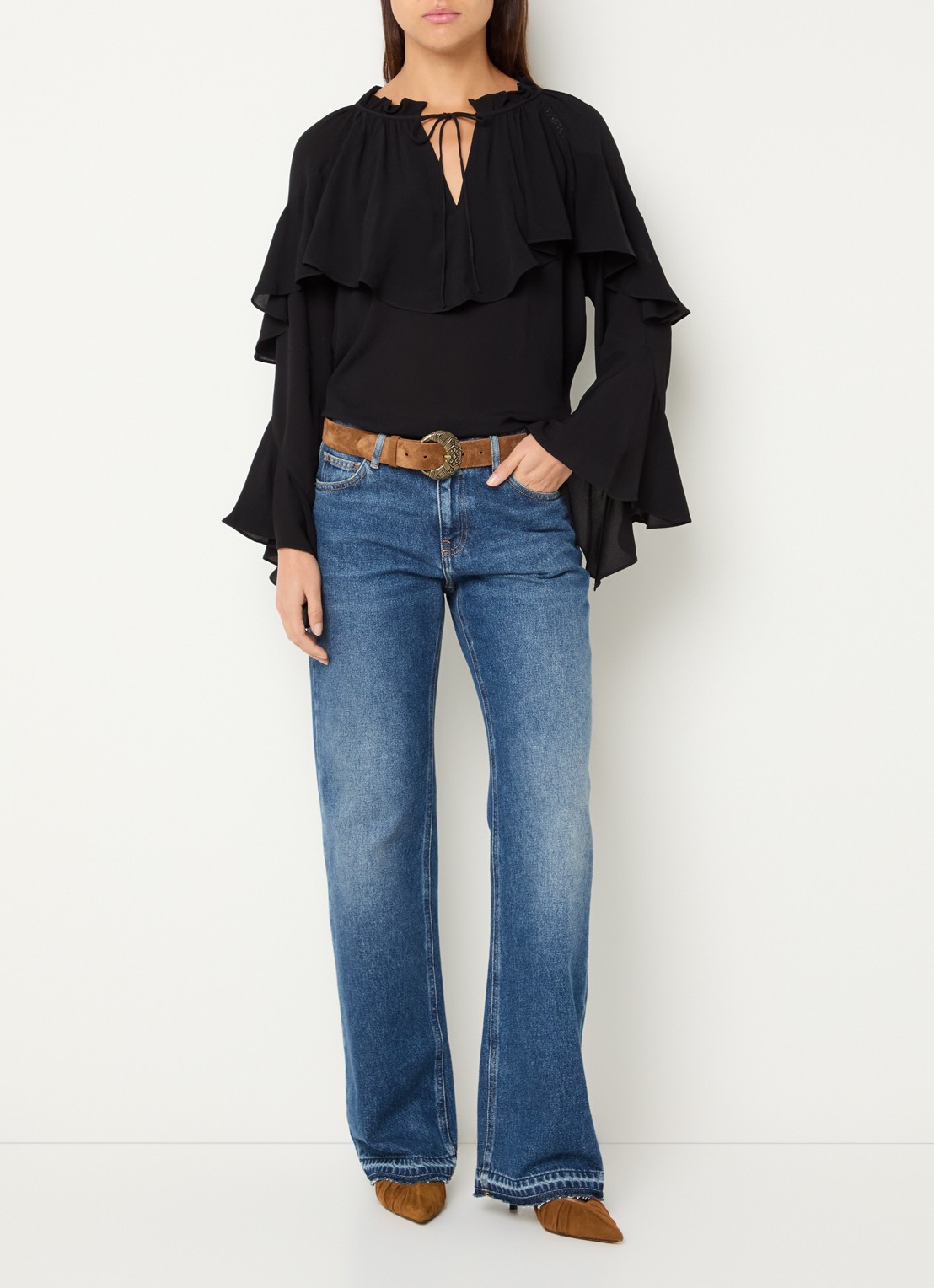 ba&sh  Betty semi-transparante tuniek met ruches en details van kant - voorkant 3 zwart