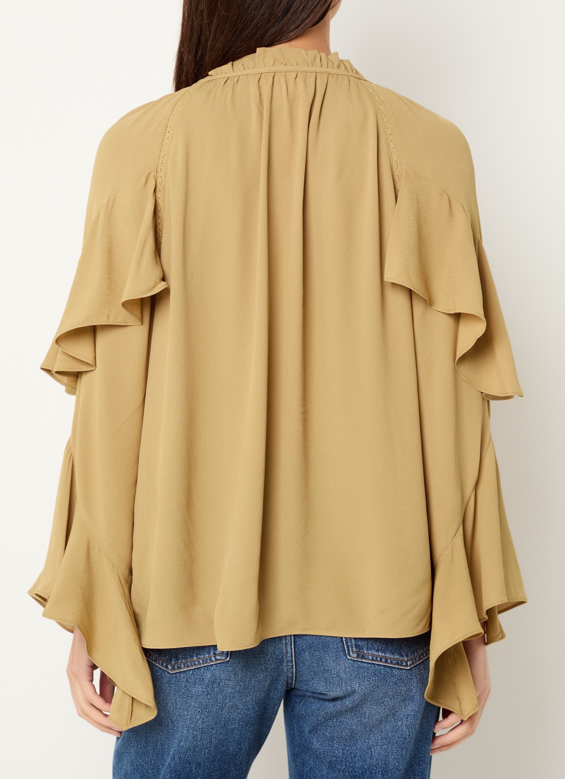 ba&sh  Betty semi-transparante tuniek met ruches en details van kant - achterkant camel