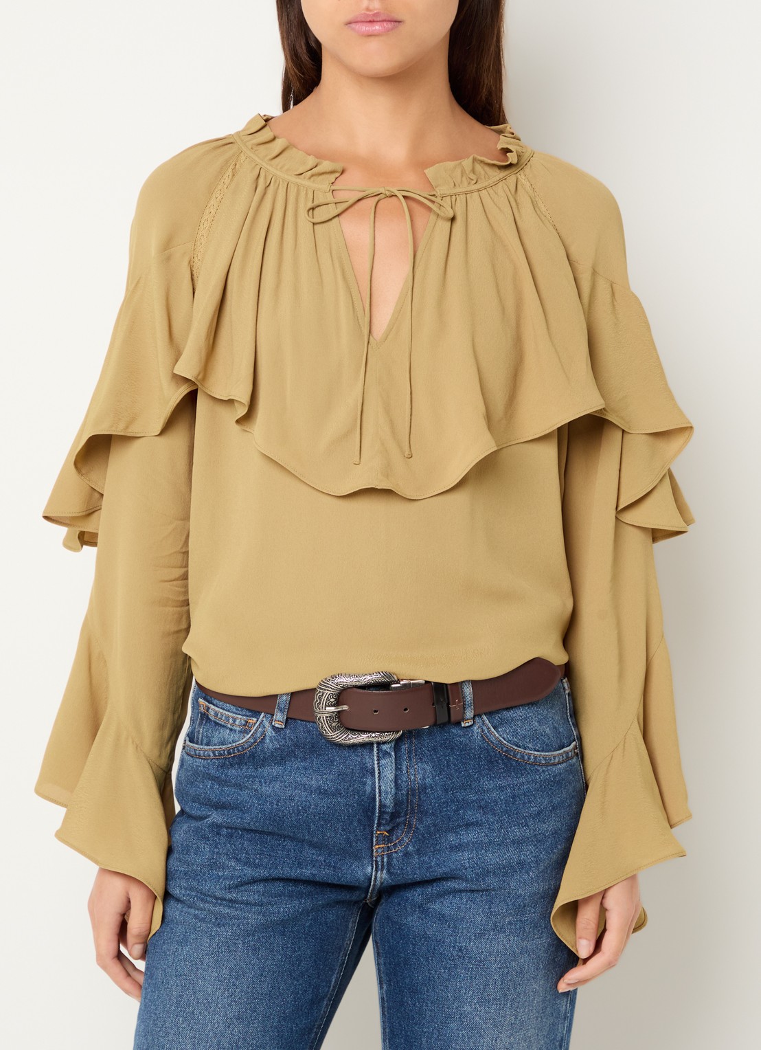 ba&sh  Betty semi-transparante tuniek met ruches en details van kant - detail 4 camel