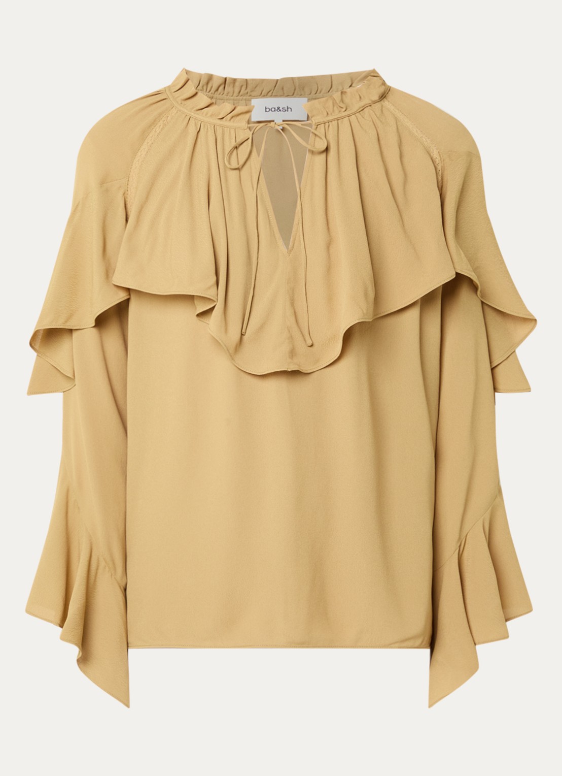 ba&sh  Betty semi-transparante tuniek met ruches en details van kant - voorkant 2 camel