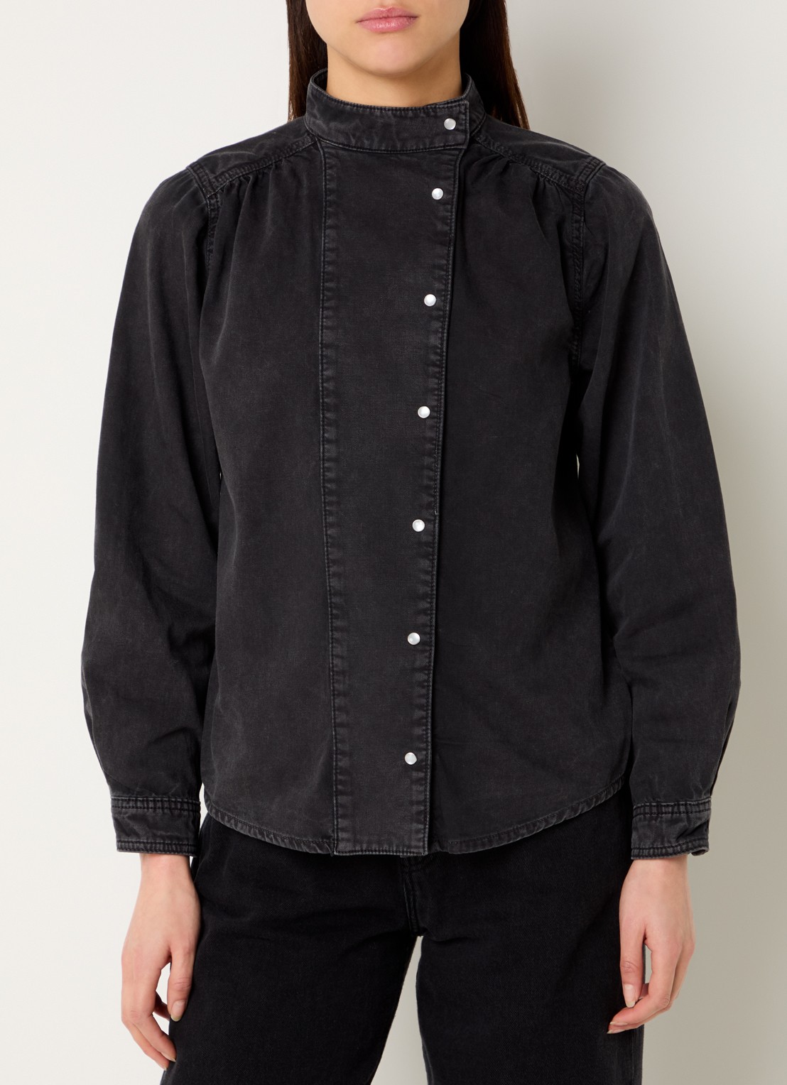 ba&sh Bilena blouse van chambray met opstaande kraag - detail 3 zwart