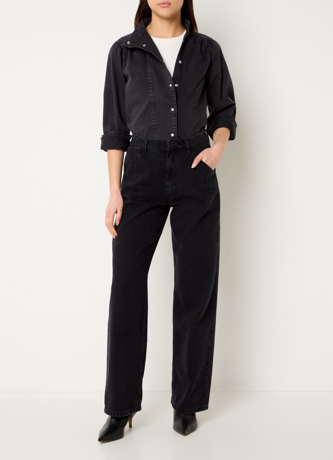 ba&sh Bilena blouse van chambray met opstaande kraag - voorkant 2 zwart
