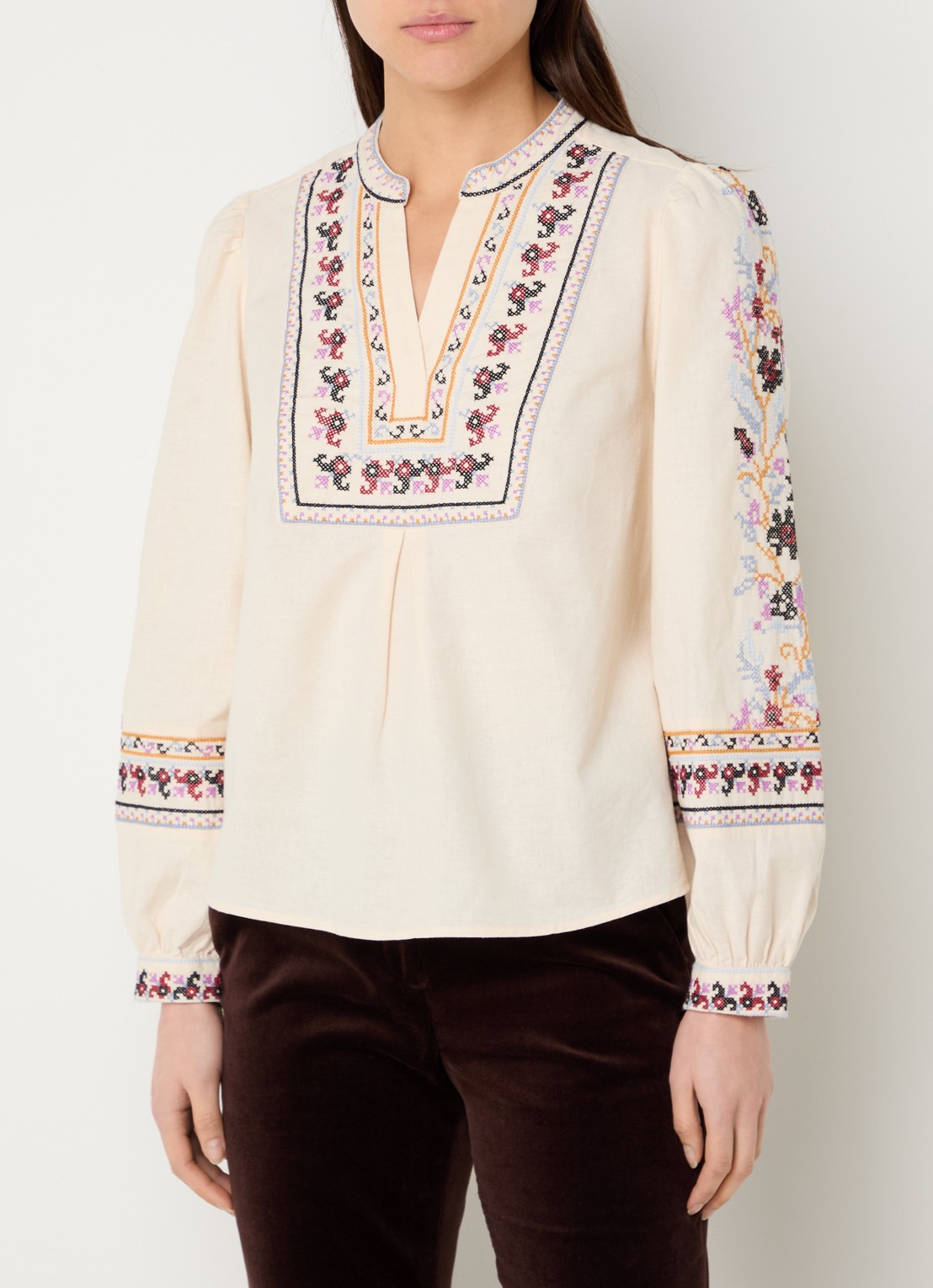 ba&sh Caloe tuniek in linnenblend met borduring - detail creme