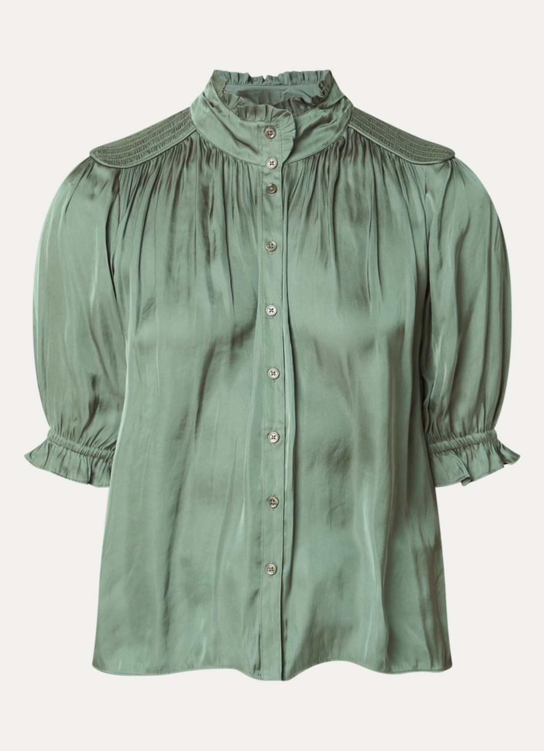 ba&sh Camila blouse van satijn met ballonmouw - voorkant bronsgroen