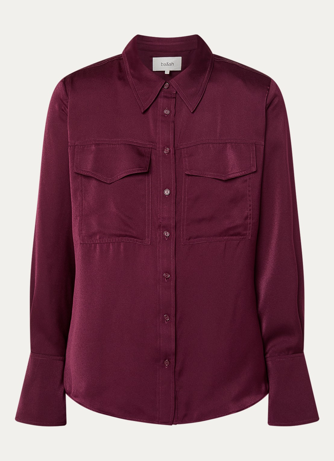 ba&sh Canoli blouse van satijn met klepzakken - voorkant 3 bordeauxrood