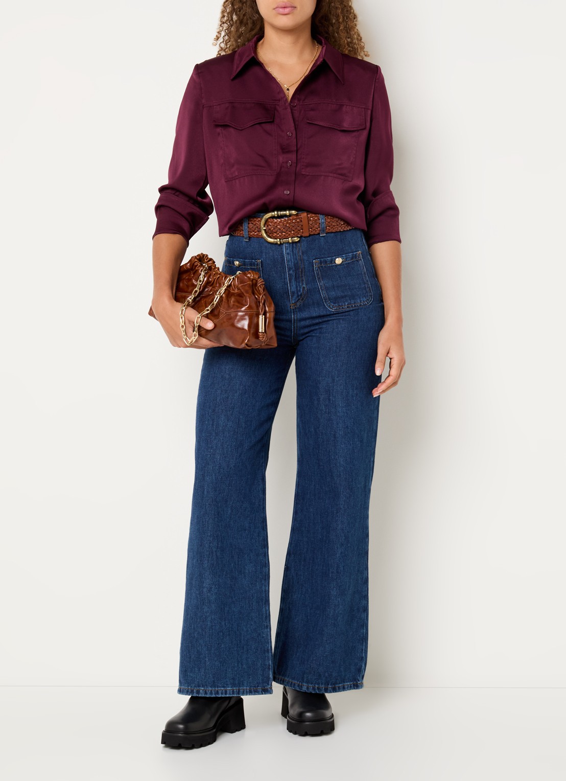 ba&sh Canoli blouse van satijn met klepzakken - voorkant 4 bordeauxrood