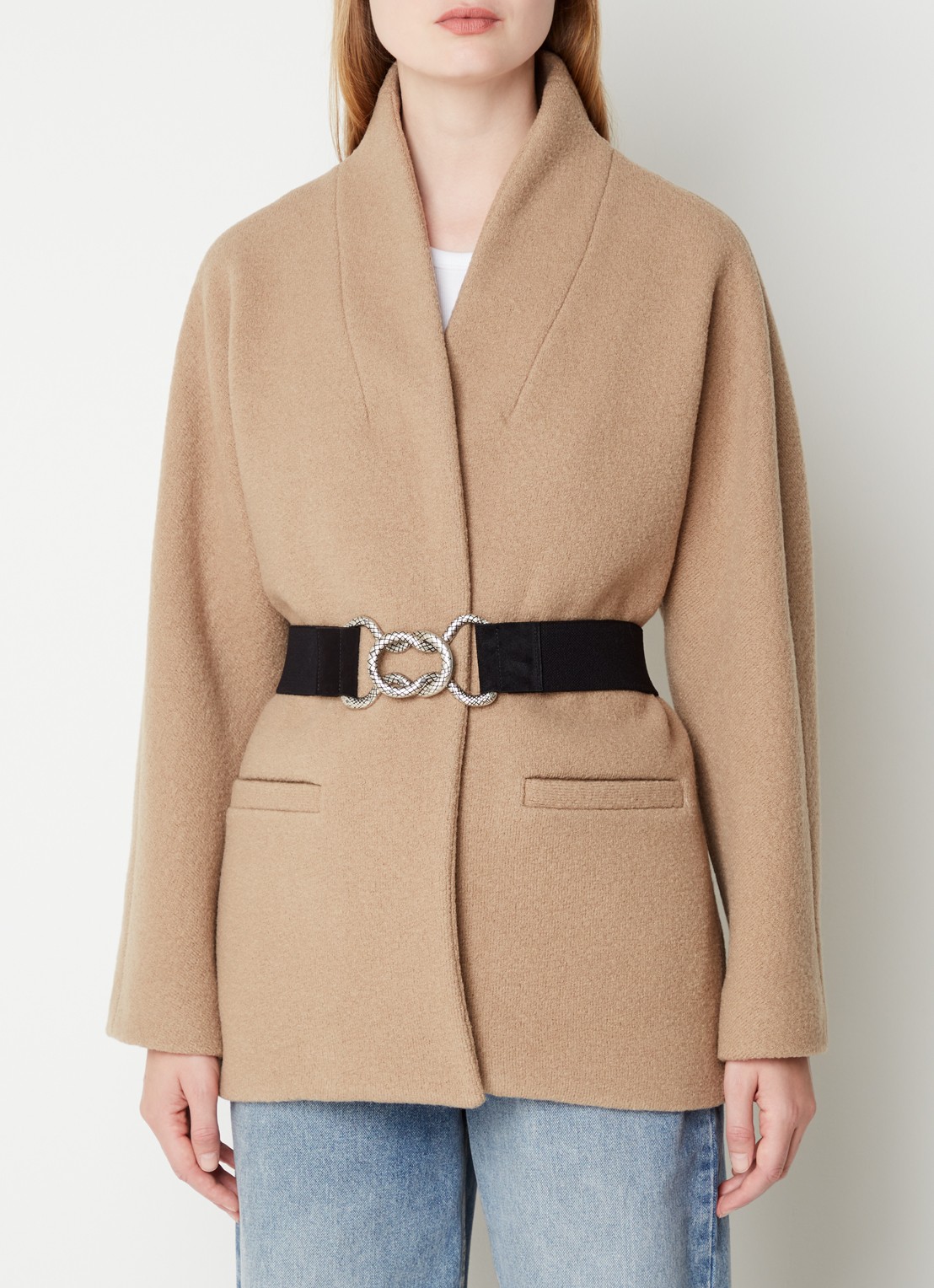 ba&sh Carole mantel van wol met ceintuur - detail 2 donkerbeige