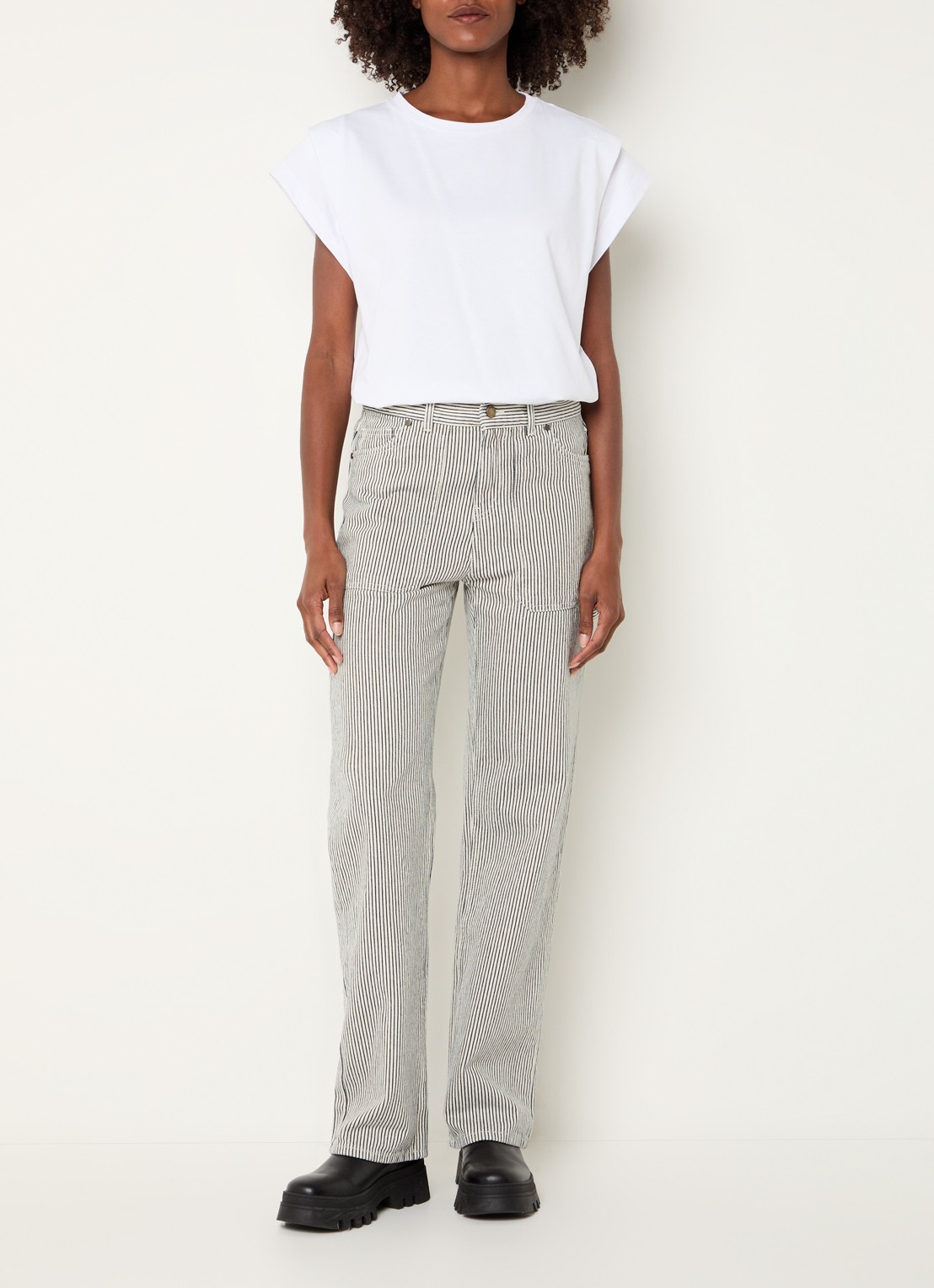 ba&sh Carpenter high waist straight leg jeans met streeppprint - voorkant 5 gebroken wit