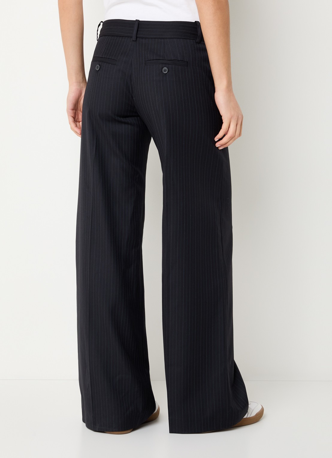 ba&sh Cely mid waist wide fit pantalon in wolblend met krijtstreep - achterkant donkerblauw