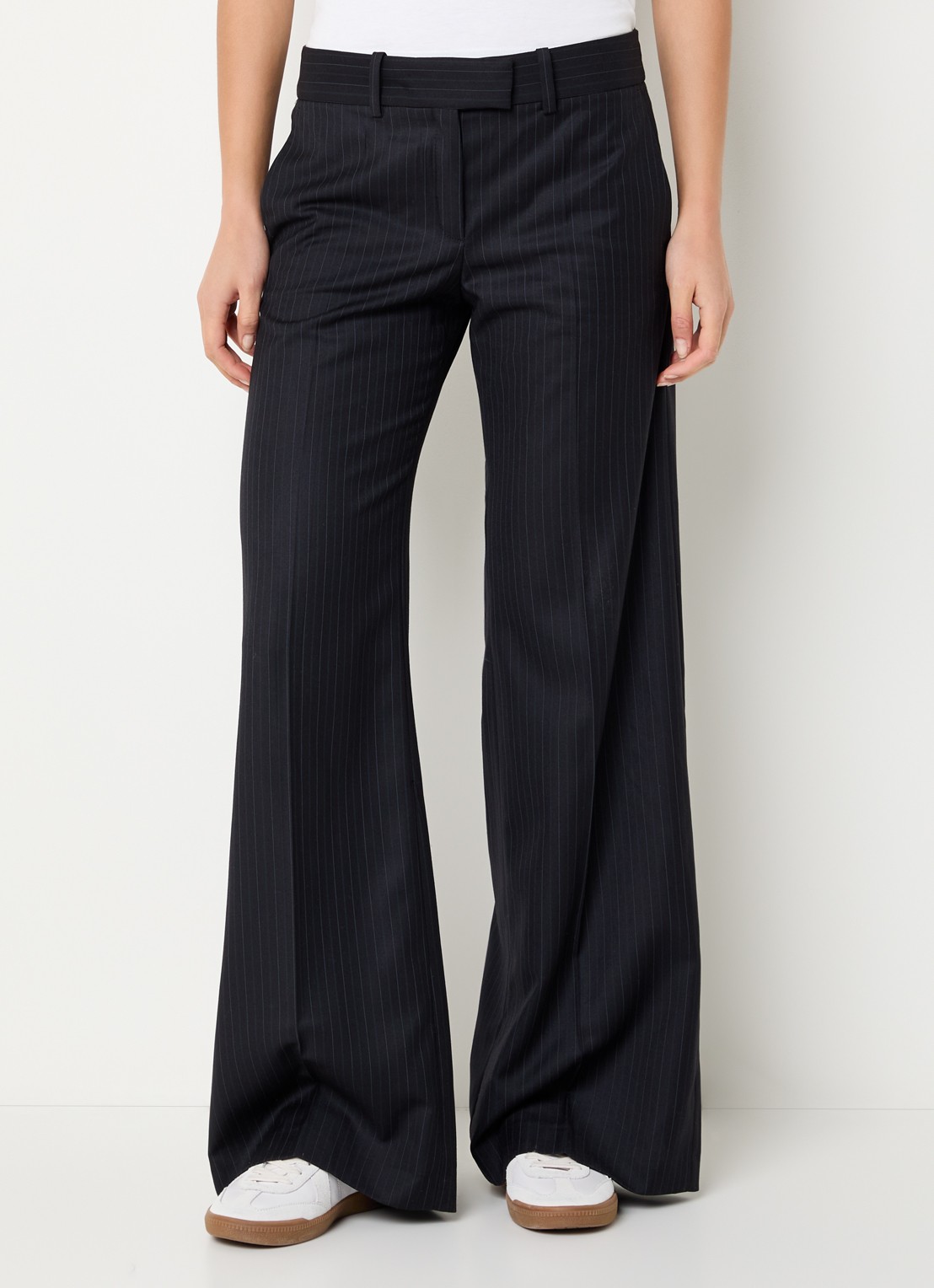 ba&sh Cely mid waist wide fit pantalon in wolblend met krijtstreep - detail 4 donkerblauw