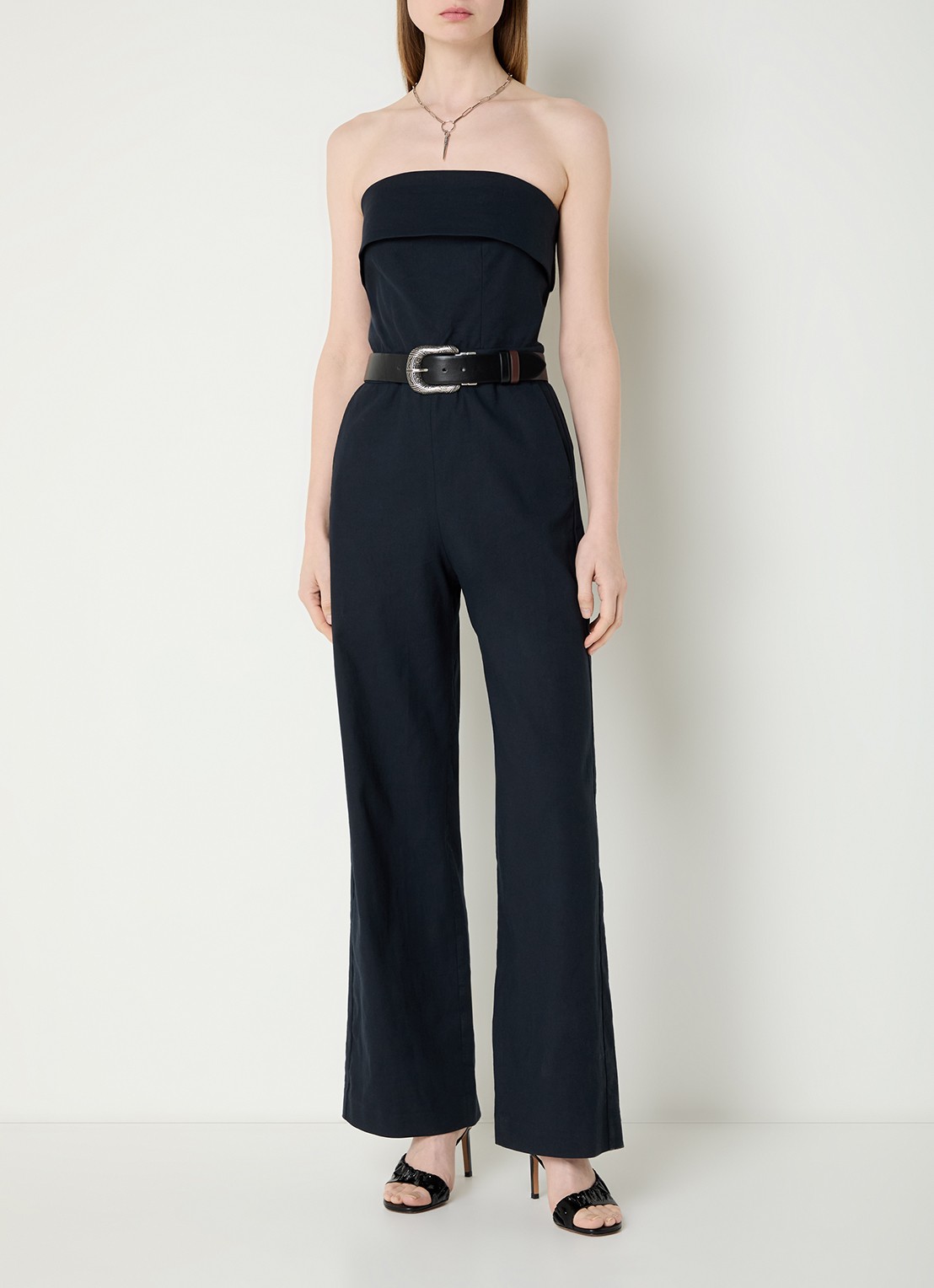 ba&sh Cenelia wide fit jumpsuit in linnenblend - detail 3 donkerblauw