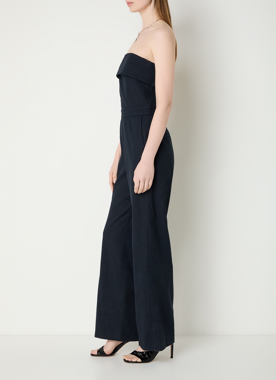 ba&sh Cenelia wide fit jumpsuit in linnenblend - voorkant 2 donkerblauw