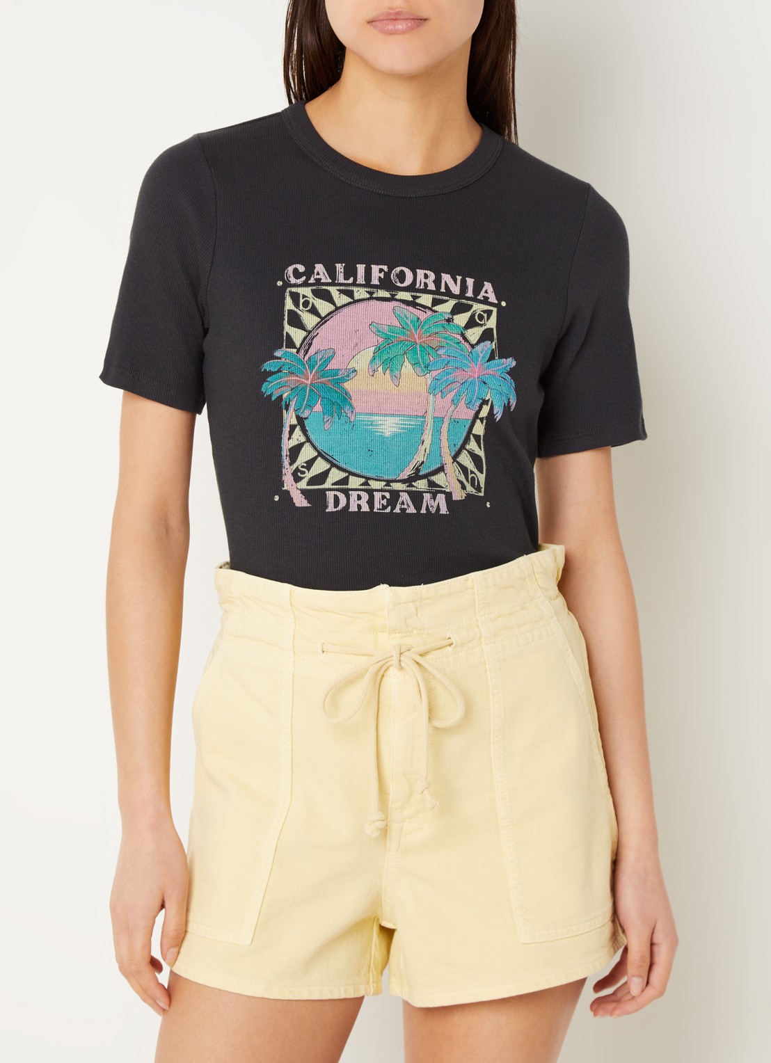 ba&sh Cerena T-shirt met ribstructuur en print - detail 4 antraciet