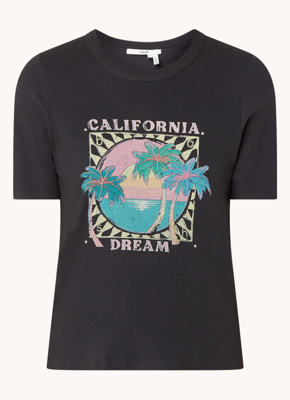 ba&sh Cerena T-shirt met ribstructuur en print - voorkant 2 antraciet