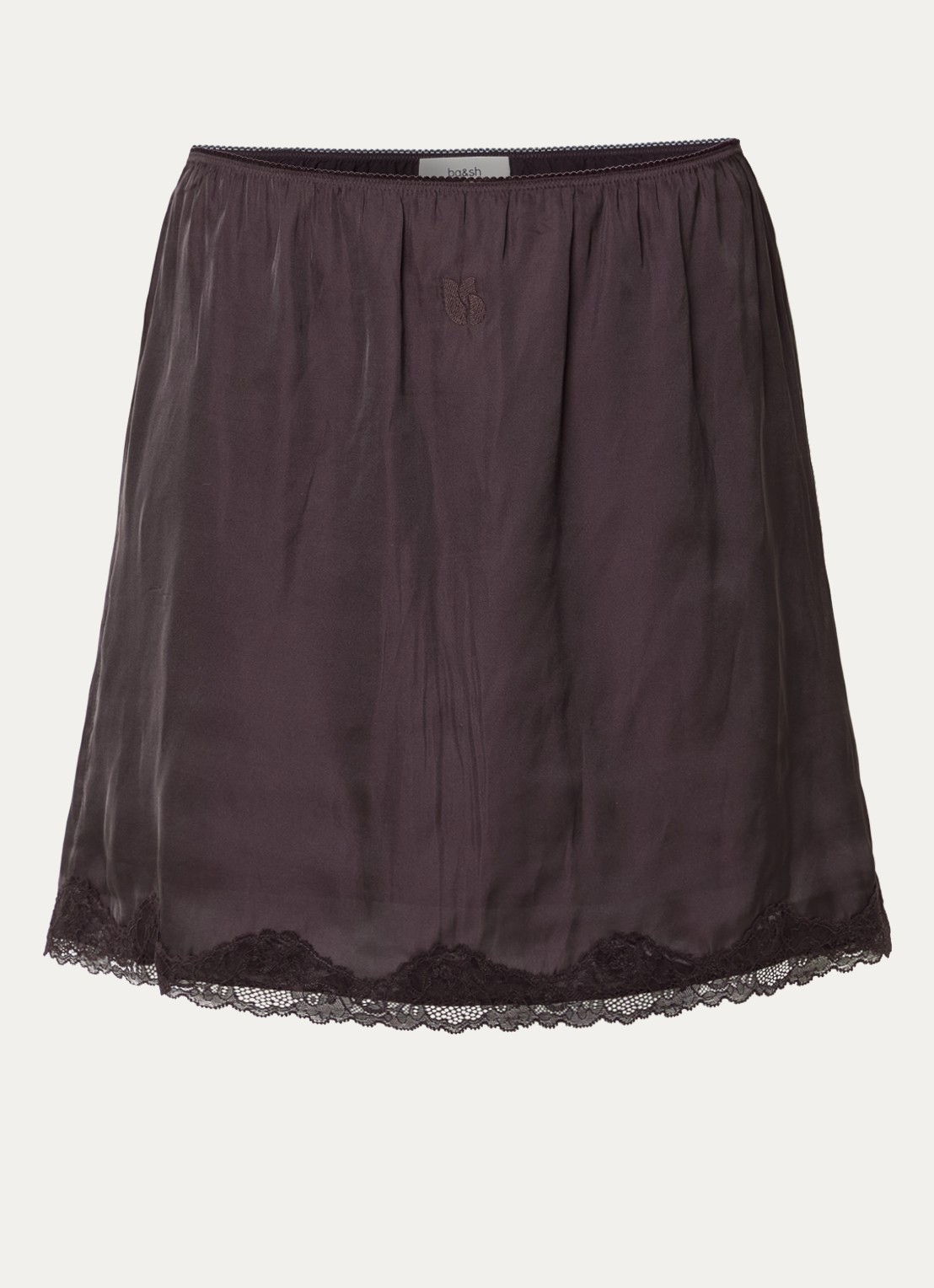 ba&sh Cesaria mini rok van satijn met details van kant - voorkant 2 aubergine