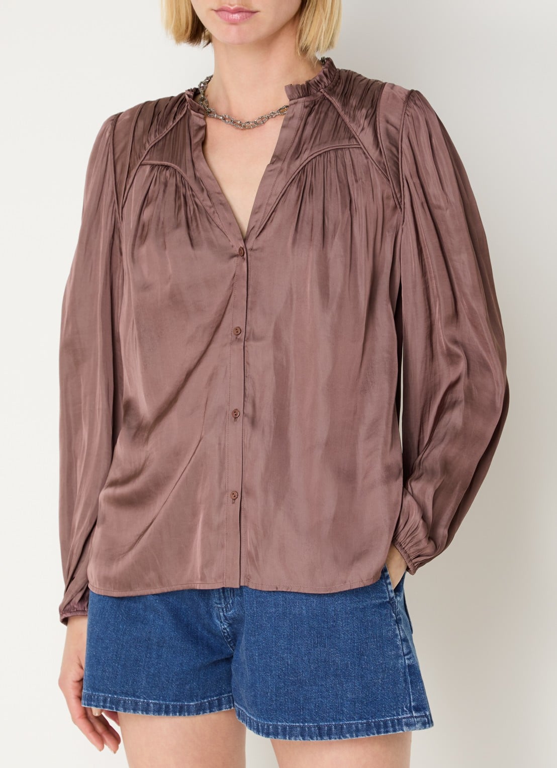 ba&sh Cesira blouse met plooidetail - detail 4 bruin